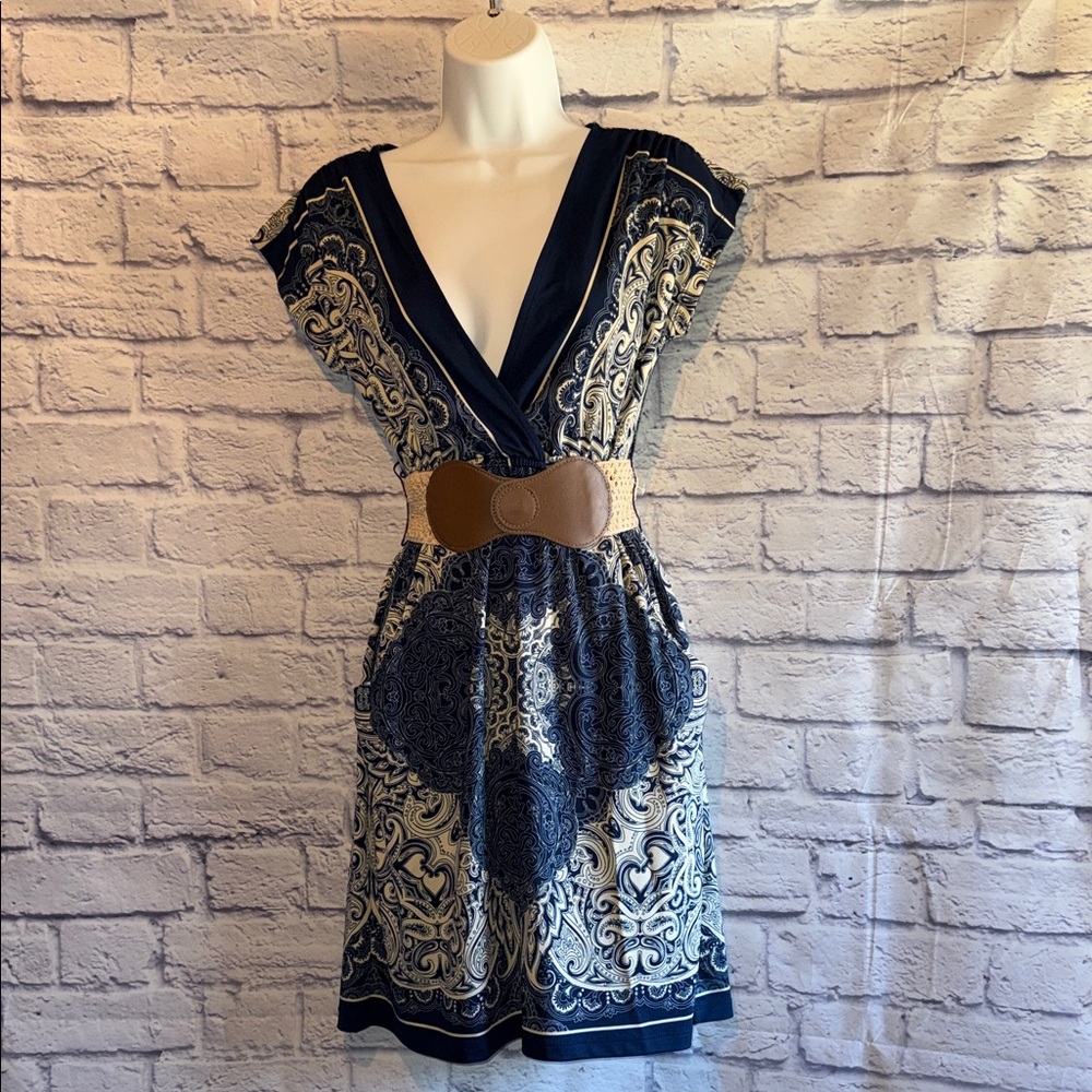 Maurices Navy and Cream Patterned Mini Dress with Belt Size XS NWT